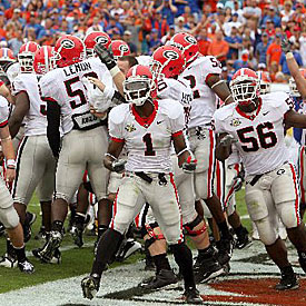 Dawgs Celebrate After First TD Against UF.  The incident has become known as \"celebration-gate.\"